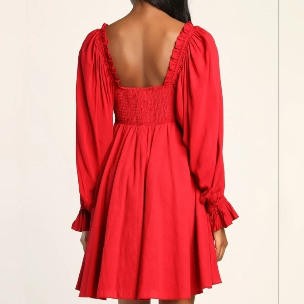 Lulus Make The Call Red Button-Up Long Sleeve Square Neck w Pockets Mini Dress S